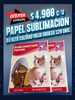 Papel de sublimacion alta calidad A4, 100 hojas gruesas 120 gms. Secado rapido