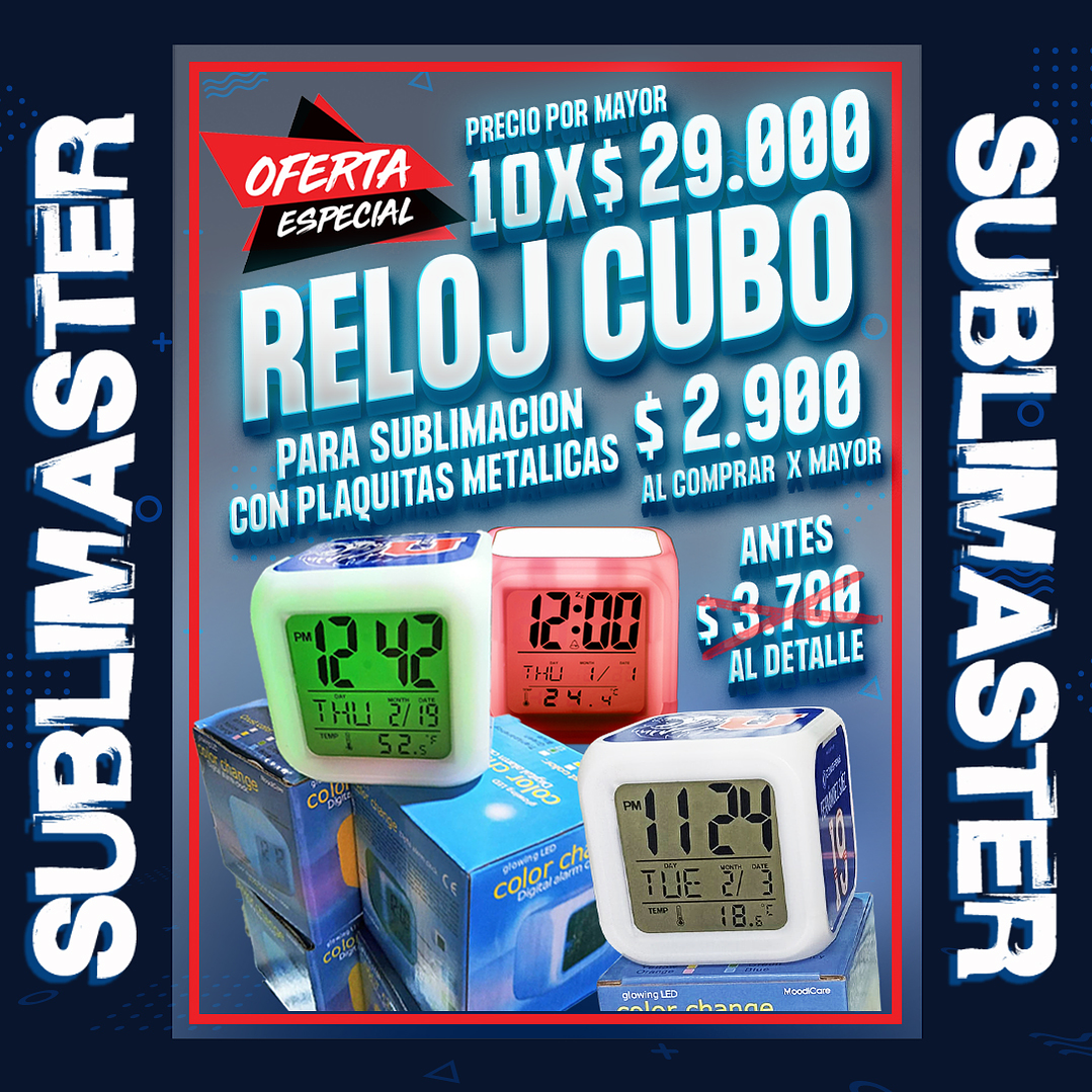 Reloj cubo despertador digital luz cambia de color sublimable precio por mayor de 10  1