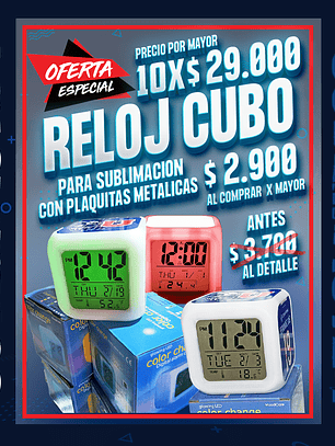 Reloj cubo despertador digital luz cambia de color sublimable precio por mayor de 10 