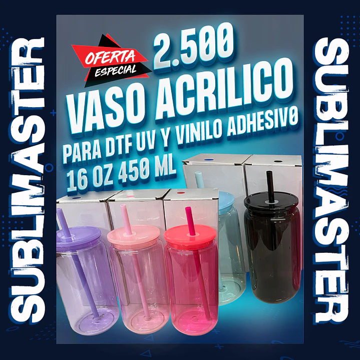 Vaso acrilico de colores con tapa y bombilla para poner dtf uv o vinilo decorativo 16oz 450 ml 1