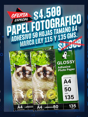 Papel fotografico adhesivo 50 hojas 115 y 135 gm. marca lily
