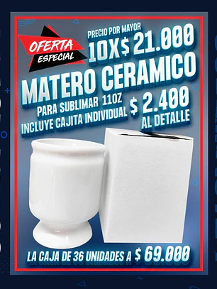 Matero ceramico sublimable blanco 11oz incluye cajita individual, precio por mayor de 10 unidades