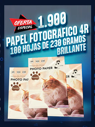 Papel fotografico 4R 10x15 de 100 hojas 230 gm.