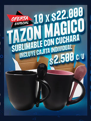 Tazon magico con cuchara interior de color, para sublimar 11 oz, oferta por 10 unidades incluye cajita individual