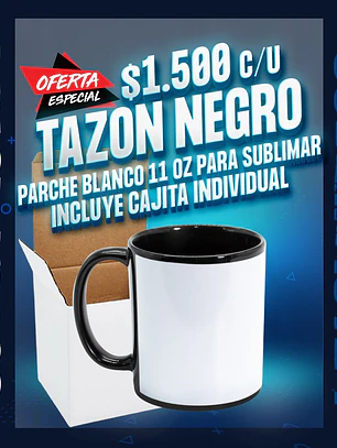 Tazon negro con parche blanco para sublimar de 11 oz incluye cajita individual
