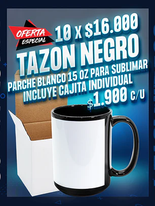 Tazon grande, negro con parche blanco para sublimar de 15 oz incluye cajita individual oferta por 10 unidades