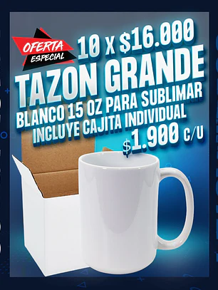 Tazon grande blanco para sublimar de 15 oz incluye cajita individual oferta por 10 unidades