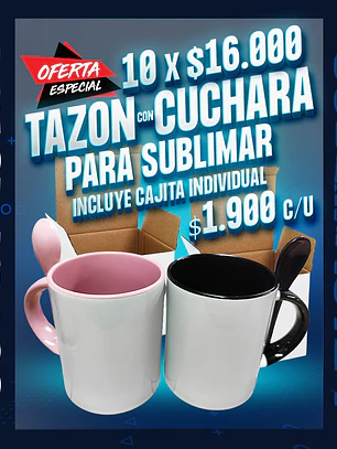 Tazon con cuchara interior de color oferta por 10 unidades incluye cajita individual