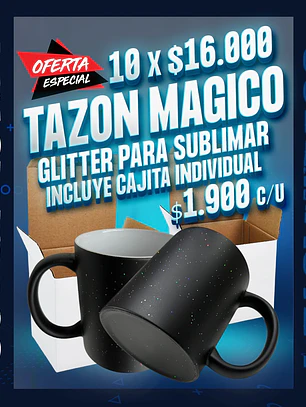 Tazón magico Sublimación Color Negro Glitter 11 oz incluye cajita individual oferta por 10 unidades