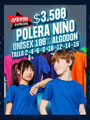 Polera niño unisex 100% algodon cuello redondo 