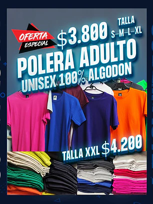 Polera adulto unisex 100% algodon cuello redondo 