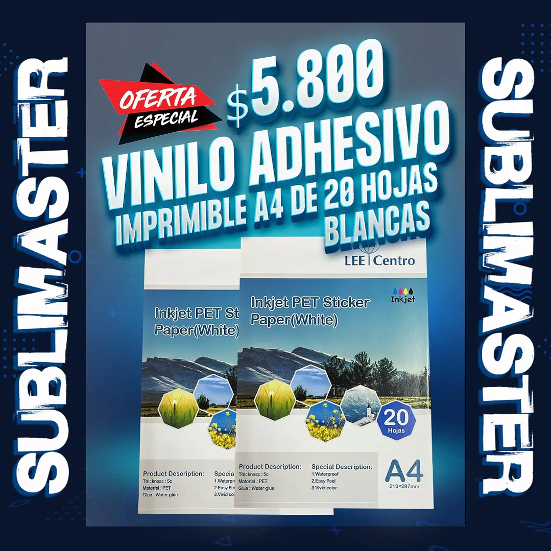 Vinilo adhesivo imprimible blanco resistente al agua para sticker A4 de 20 hojas lee centro 1