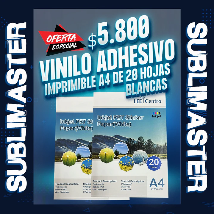 Vinilo adhesivo imprimible blanco resistente al agua para sticker A4 de 20 hojas lee centro 1