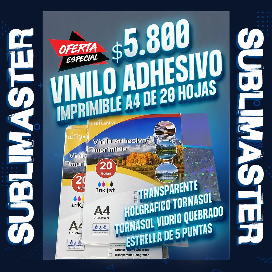 Vinilo adhesivo imprimible holografico resistente al agua para sticker A4 de 20 hojas lee centro 1