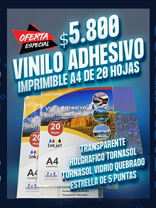 Vinilo adhesivo imprimible holografico resistente al agua para sticker A4 de 20 hojas lee centro