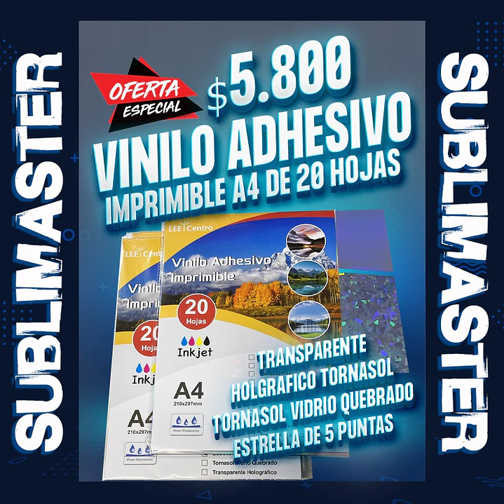 Vinilo adhesivo imprimible holografico resistente al agua para sticker A4 de 20 hojas lee centro 1