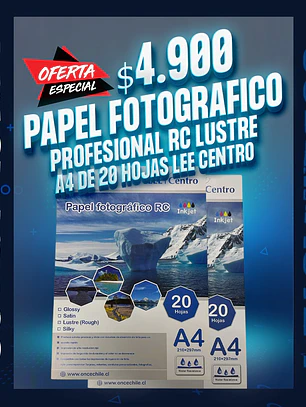 Papel fotografico Profesional RC lustre A4 de 20 hojas lee centro 