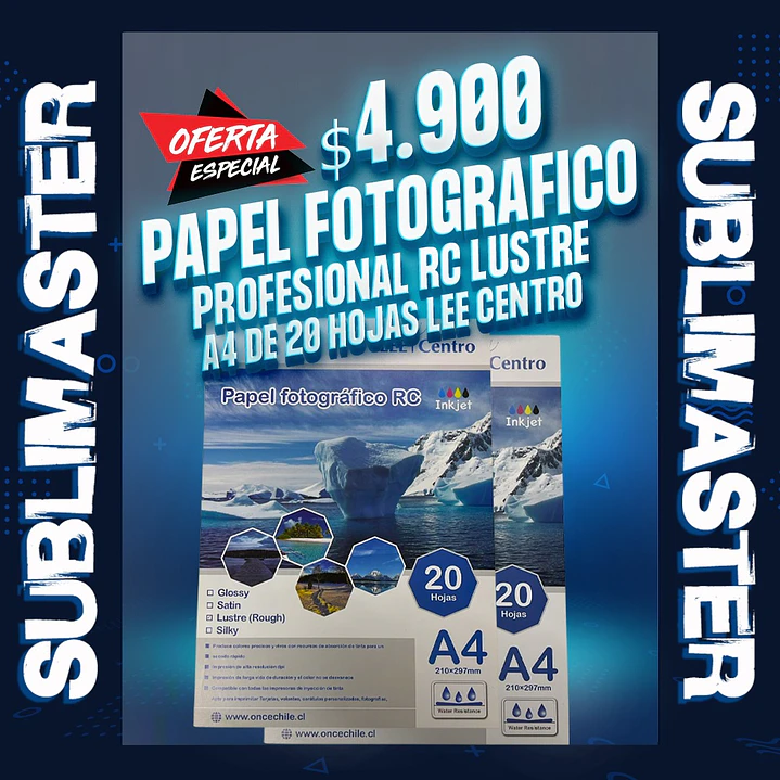 Papel fotografico Profesional RC lustre A4 de 20 hojas lee centro  1