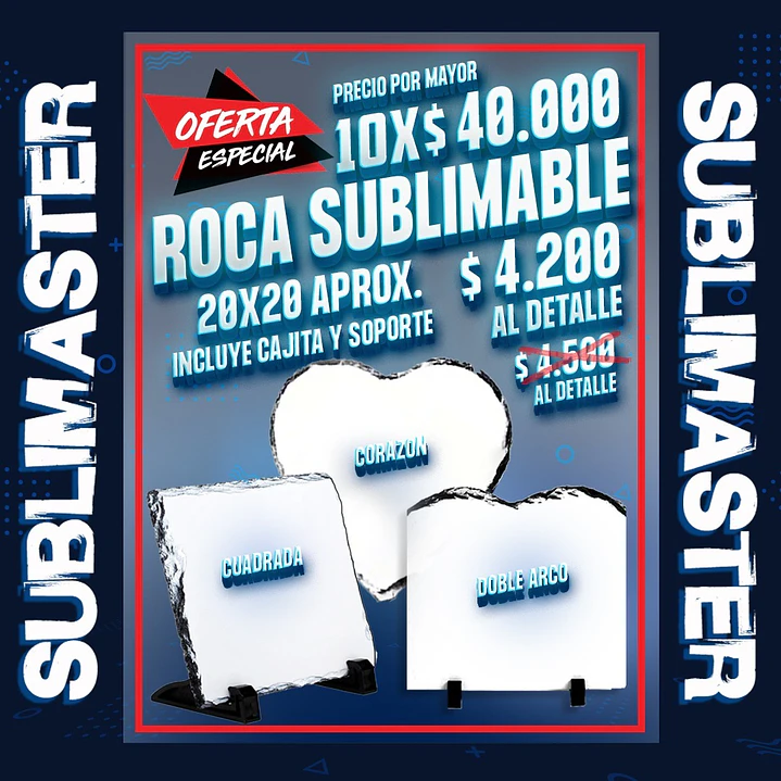 Roca sublimable 20 x 20 cm. incluye soportes y cajita. oferta por 10 unidades  1