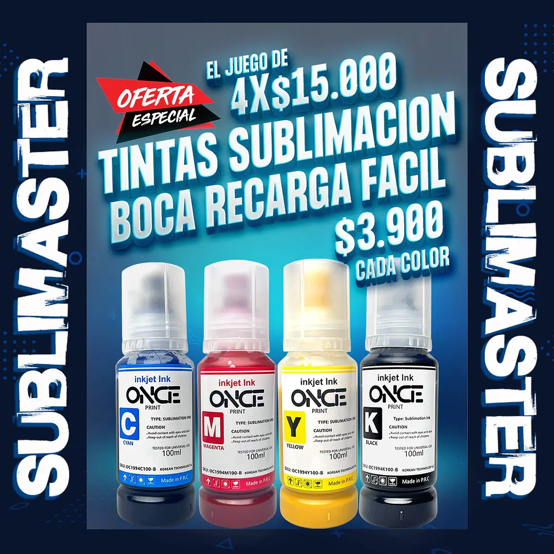 Tintas de sublimacion calidad premium boca relleno facil 100ml cada color, oferta juego completo de 4  1