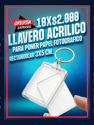 Llavero acrilico rectangular 3x5 cm. para poner papel fotografico oferta por 10