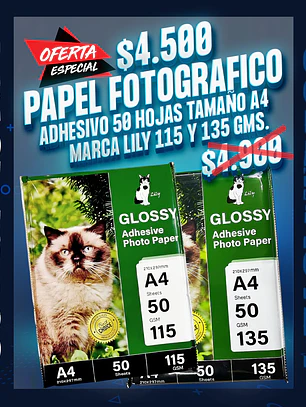 Papel fotografico adhesivo 50 hojas 115 y 135 gm. marca lily