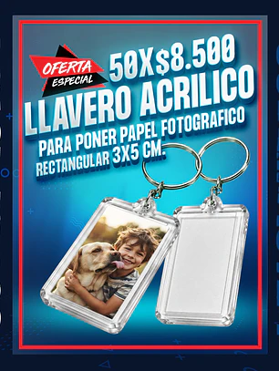 Llavero acrilico rectangular 3x5 cm. para poner papel fotografico oferta por 50