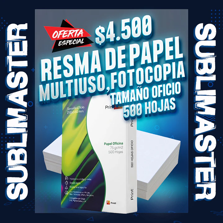 Resma de papel multiuso, fotocopia tamaño oficio, 500 hojas 1
