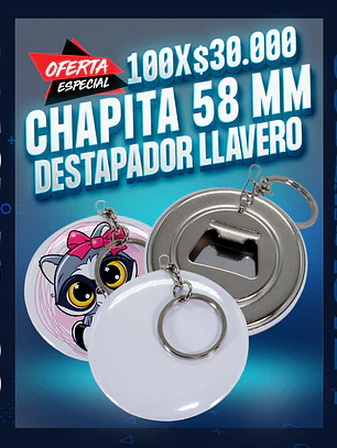 Chapita 58 mm. destapador llavero 100 unidades