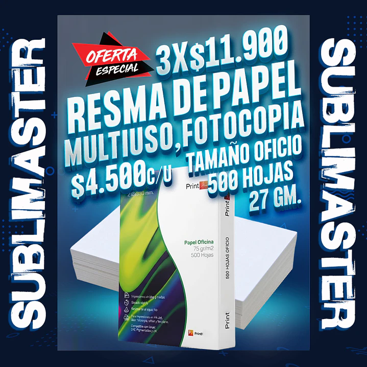 Resma de papel multiuso, fotocopia tamaño oficio, 500 hojas 1
