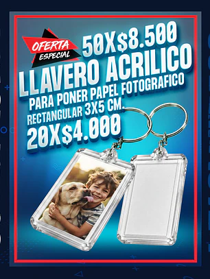 Llavero acrilico rectangular 3x5 cm. para poner papel fotografico oferta