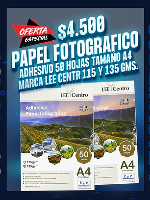 Papel fotografico adhesivo 50 hojas 115 y 135 gm. marca Lee centro