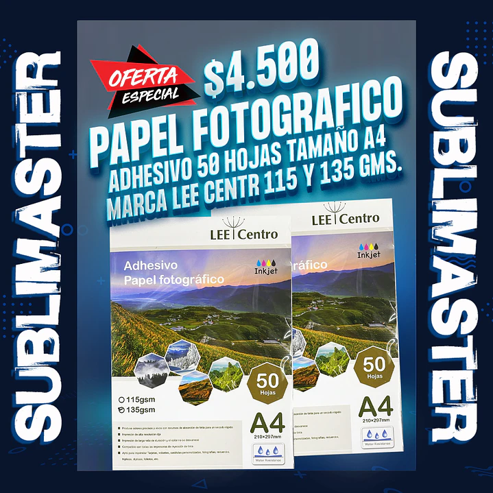 Papel fotografico adhesivo 50 hojas 115 y 135 gm. marca Lee centro 1