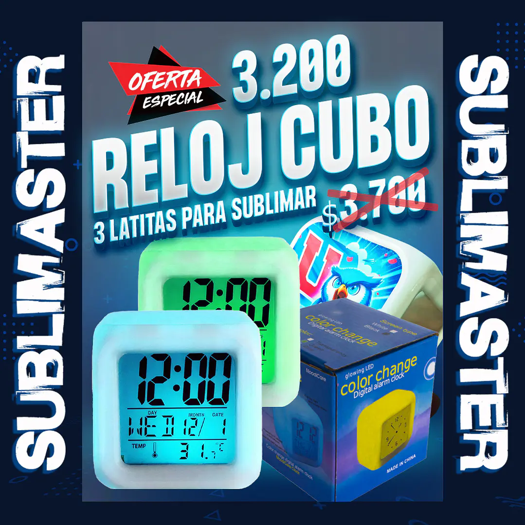 Reloj cubo despertador digital luz cambia de color sublimable  1