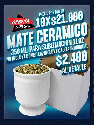 Matero (mate) ceramico sublimable blanco 11oz incluye cajita individual