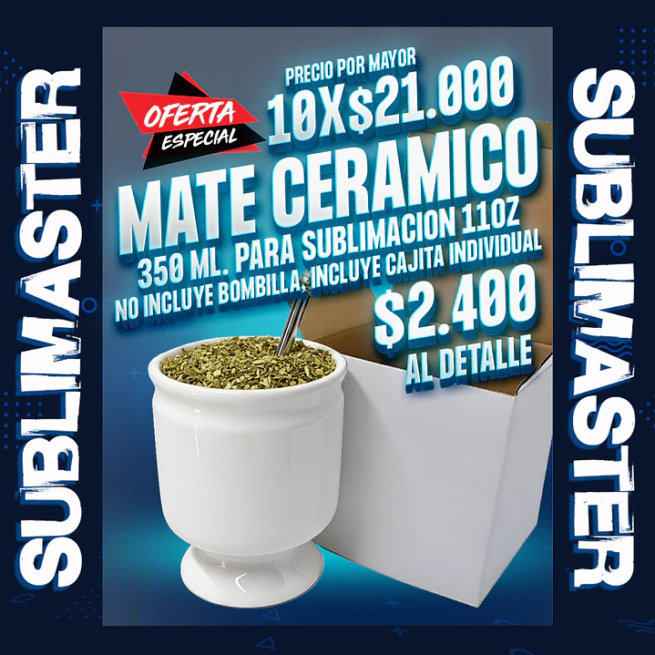 Matero (mate) ceramico sublimable blanco 11oz incluye cajita individual 1