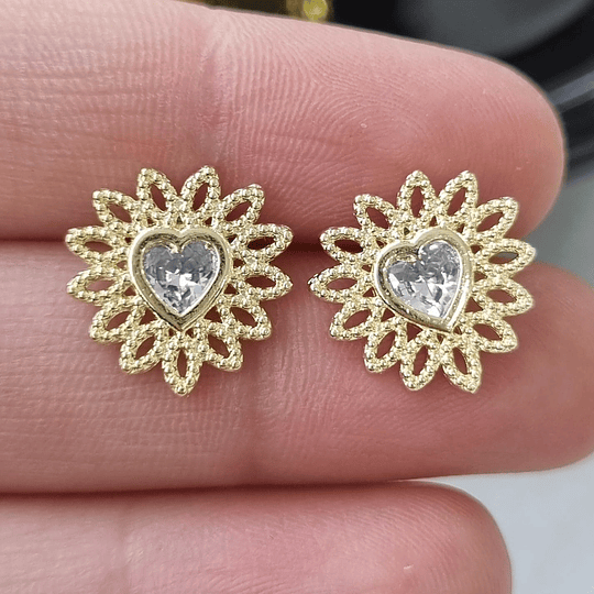 AROS GIRASOL CIRCÓN DE CORAZÓN ORO