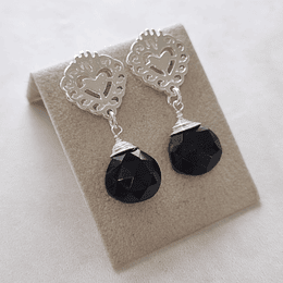 AROS CORAZÓN DETENTE CON PIEDRA CALCEDONIA NEGRO PLATA