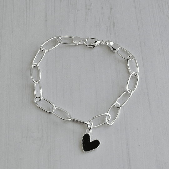 PULSERA ESLABÓN ALARGADO + CORAZÓN NEGRO E.PLATA