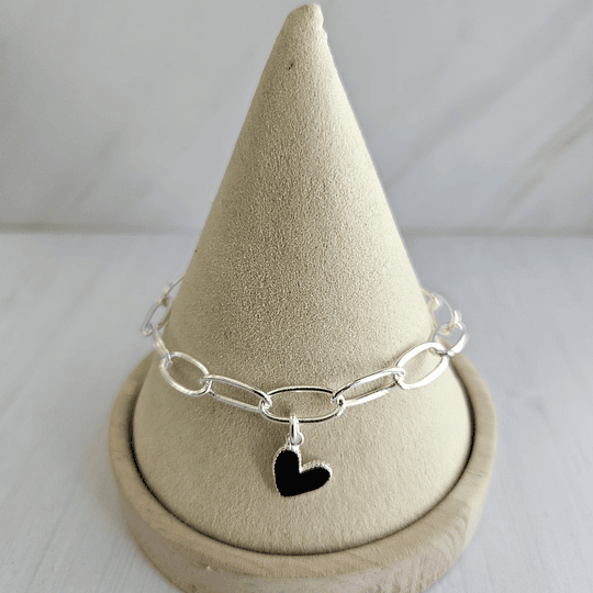 PULSERA ESLABÓN ALARGADO + CORAZÓN NEGRO E.PLATA