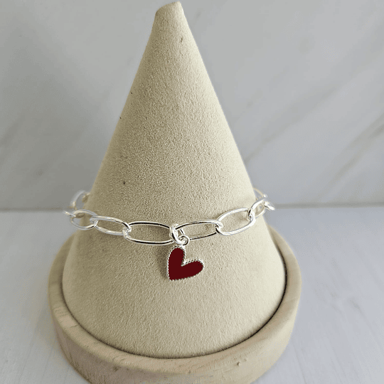 PULSERA ESLABÓN ALARGADO + CORAZÓN ROJO E.PLATA