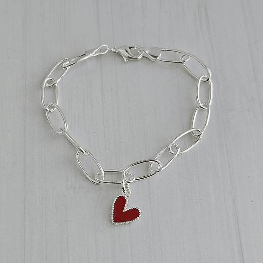 PULSERA ESLABÓN ALARGADO + CORAZÓN ROJO E.PLATA