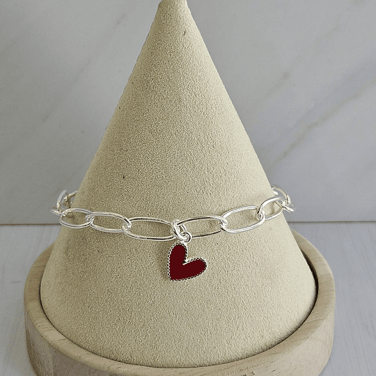 PULSERA ESLABÓN ALARGADO + CORAZÓN ROJO E.PLATA