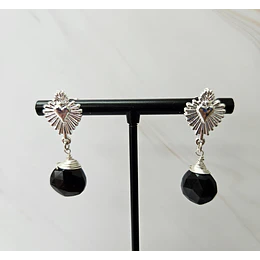 AROS CORAZÓN DETENTE CALCEDONIA NEGRA ENCH. PLATA