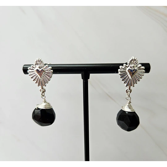 AROS CORAZÓN DETENTE CALCEDONIA NEGRA ENCH. PLATA