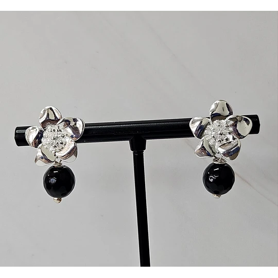 AROS FLOR HAWAIANA + AGATA NEGRA ENCH.PLATA