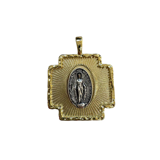 COLGANTE CRUZ CON VIRGEN DE LOS RAYOS ENCHAPE DE ORO Y PLATA ENVEJECIDA 25MM