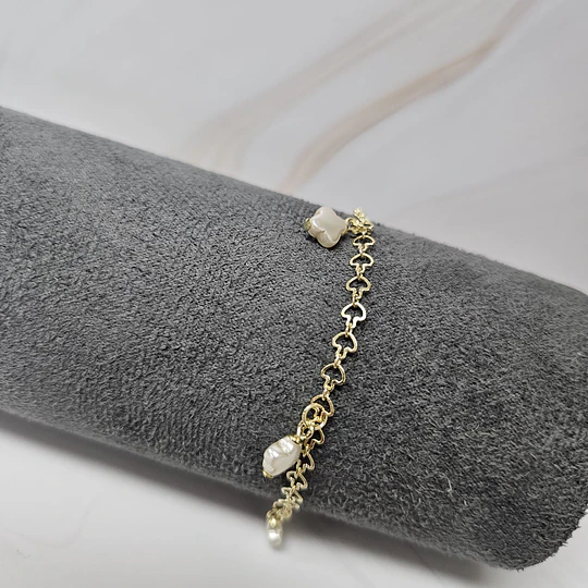 PULSERA TRÉBOL APERLADO COLGANTE 17CM + ALARGUE ENCH.ORO