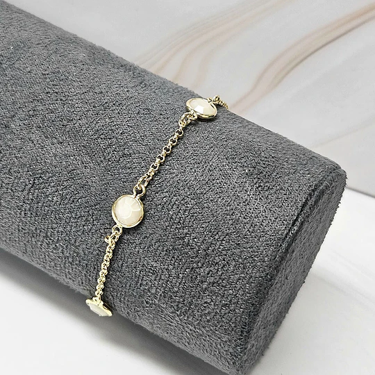 PULSERA ROLO CRISTAL BEIGE REDONDO 17CM + ALARGUE ENCH.ORO