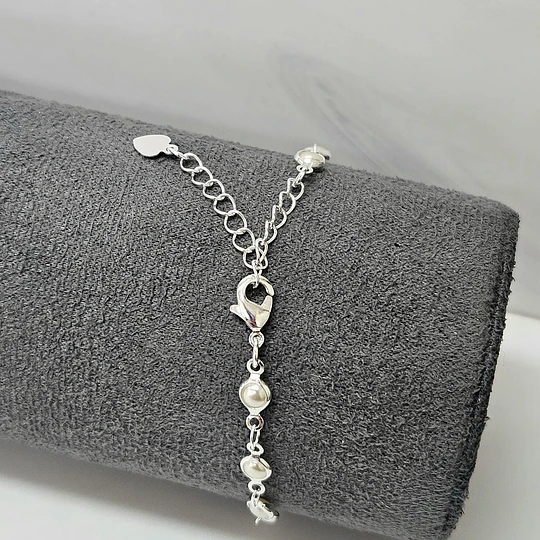 PULSERA MINI PERLAS 15CM + ALARGUE ENCH.PLATA